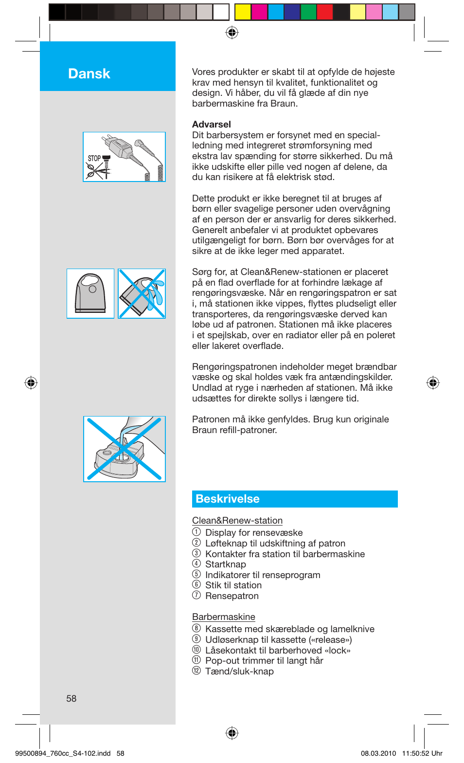 Dansk, Beskrivelse | Braun 760cc-4  Series 7 User Manual | Page 58 / 101