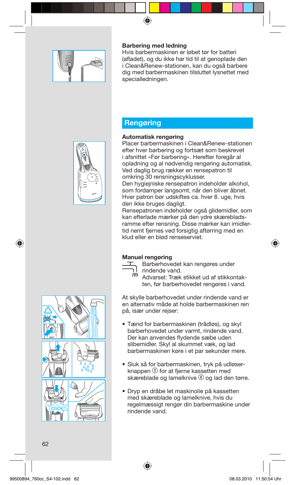 Rengøring, Click | Braun 760cc-4  Series 7 User Manual | Page 62 / 101