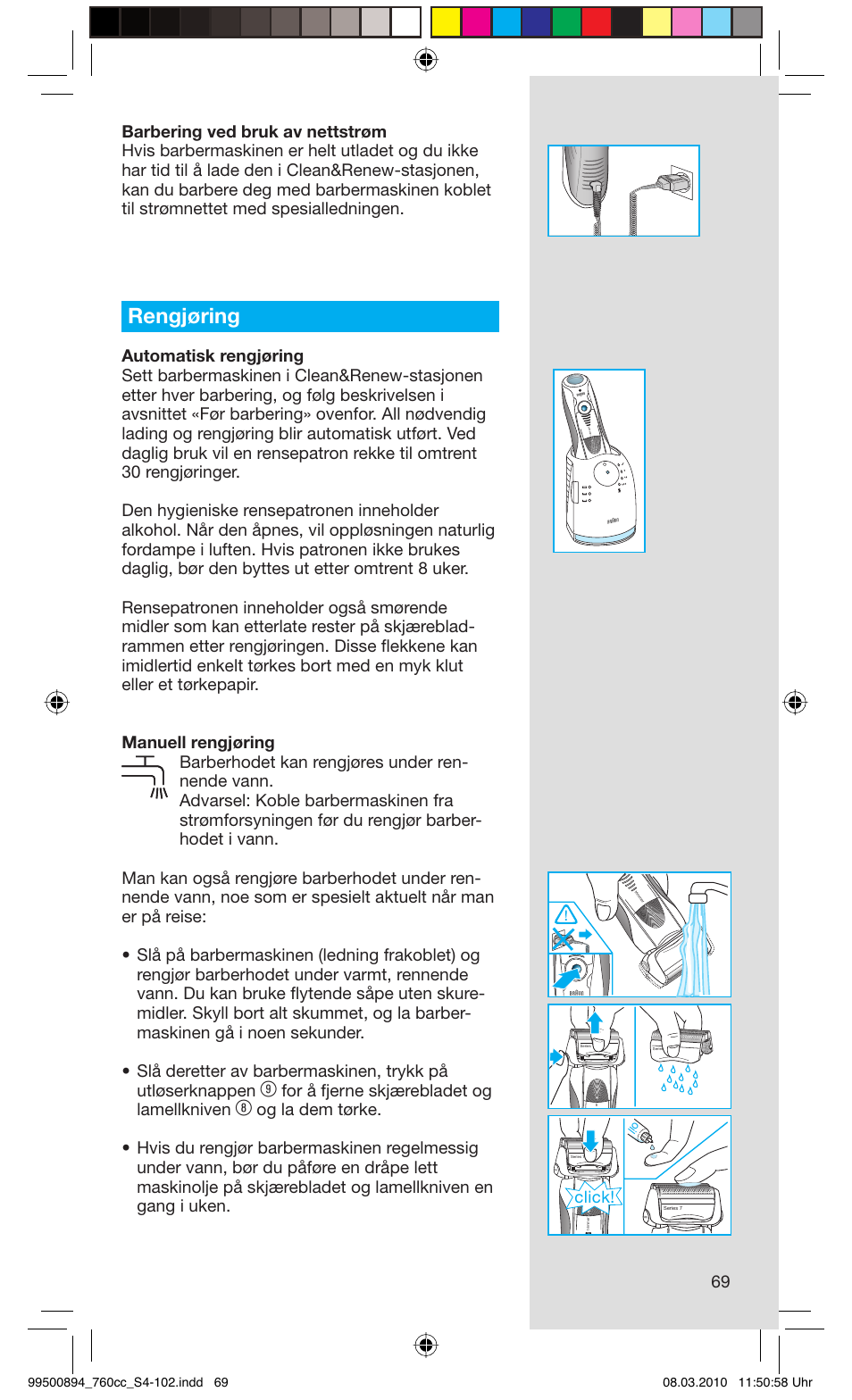 Rengjøring, For å fjerne skjærebladet og lamellkniven, Click | Braun 760cc-4  Series 7 User Manual | Page 69 / 101