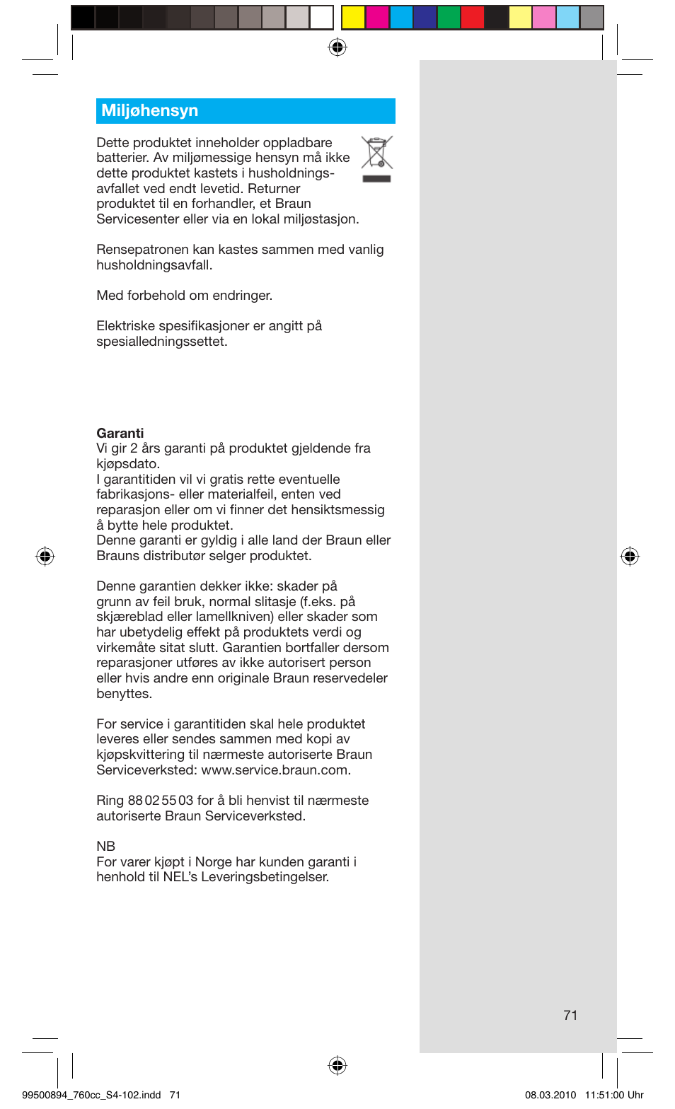 Miljøhensyn | Braun 760cc-4  Series 7 User Manual | Page 71 / 101