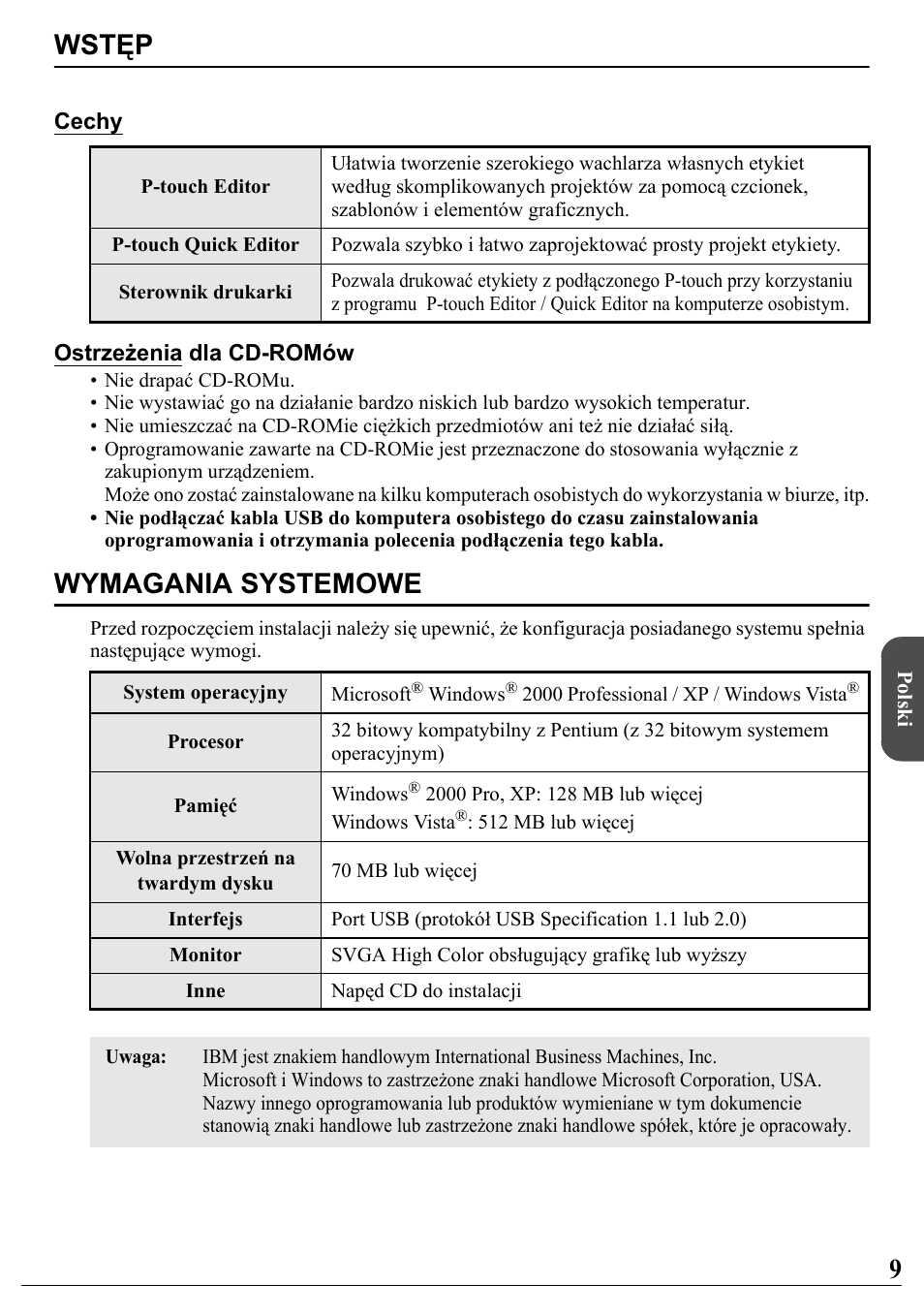 Polski, Wstęp, Wymagania systemowe | Brother PT-2700 User Manual | Page 10 / 34