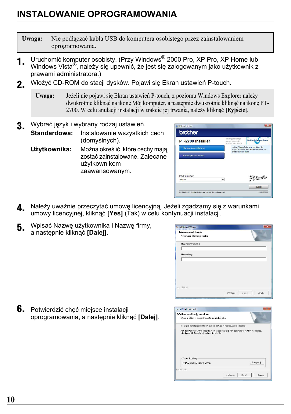 Instalowanie oprogramowania, 10 instalowanie oprogramowania | Brother PT-2700 User Manual | Page 11 / 34