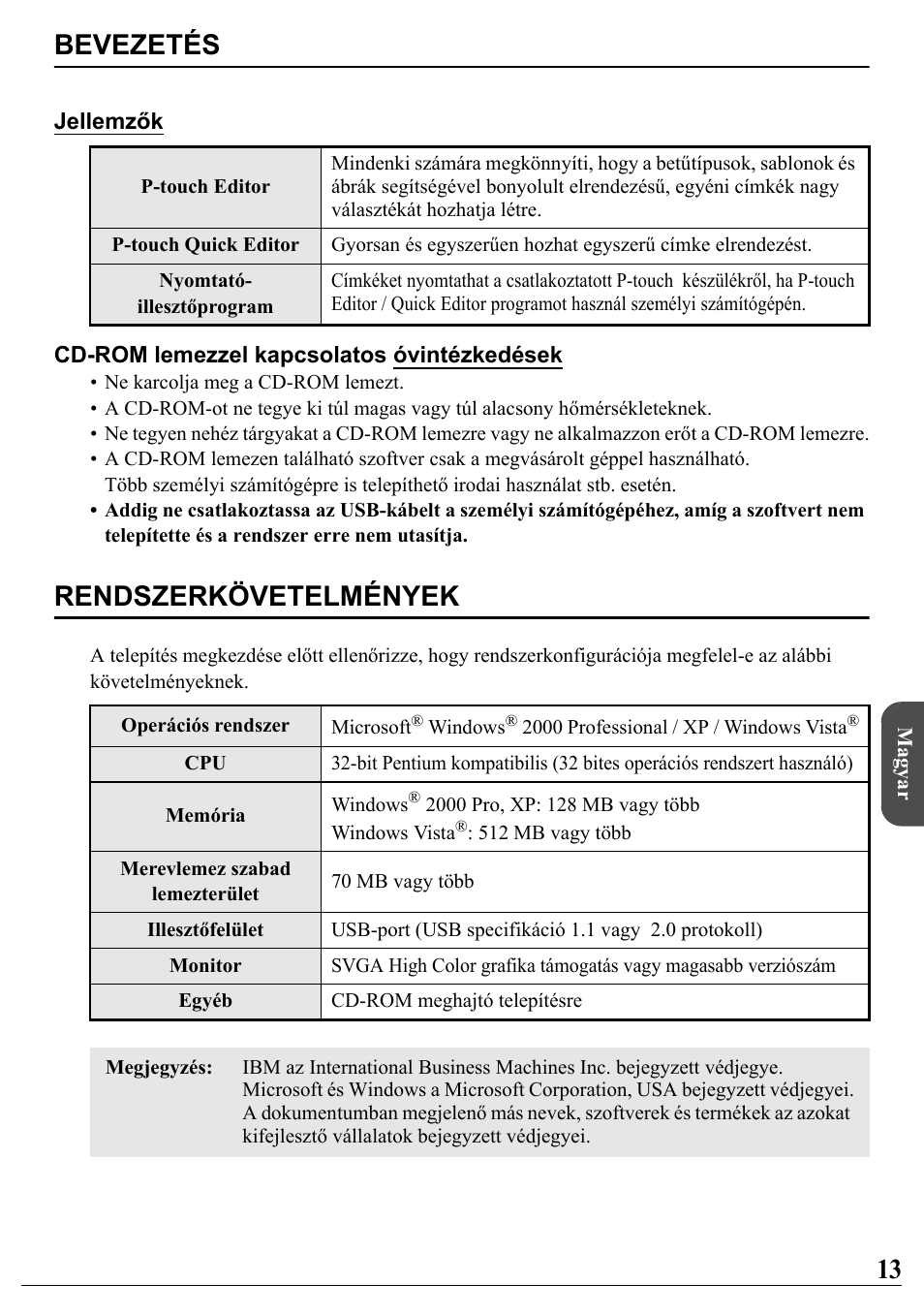 Magyar, Bevezetés, Rendszerkövetelmények | Brother PT-2700 User Manual | Page 14 / 34