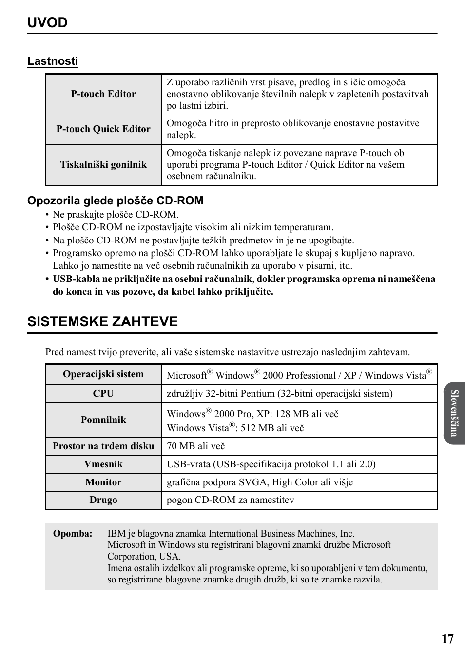 Slovenščina, Uvod, Sistemske zahteve | Brother PT-2700 User Manual | Page 18 / 34