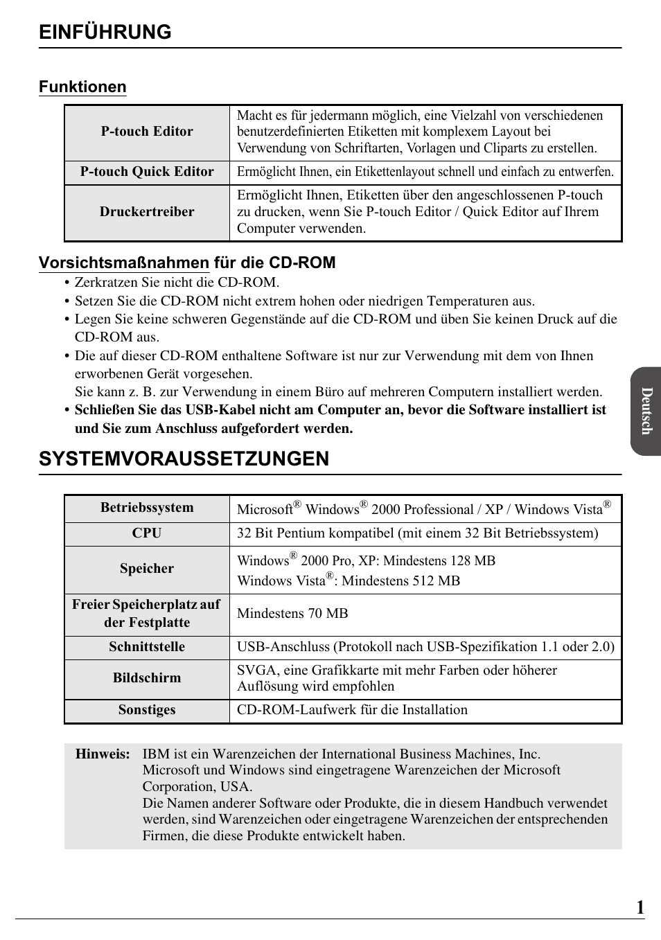 Deutsch, Einführung, Systemvoraussetzungen | Brother PT-2700 User Manual | Page 2 / 34