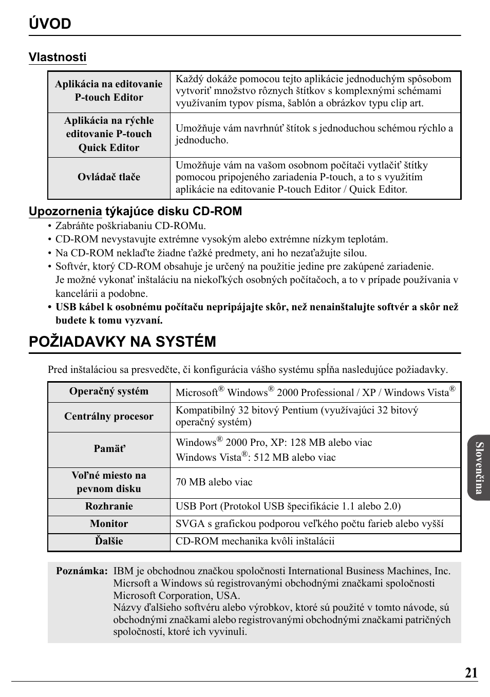 Slovenčina, Úvod, Požiadavky na systém | Brother PT-2700 User Manual | Page 22 / 34