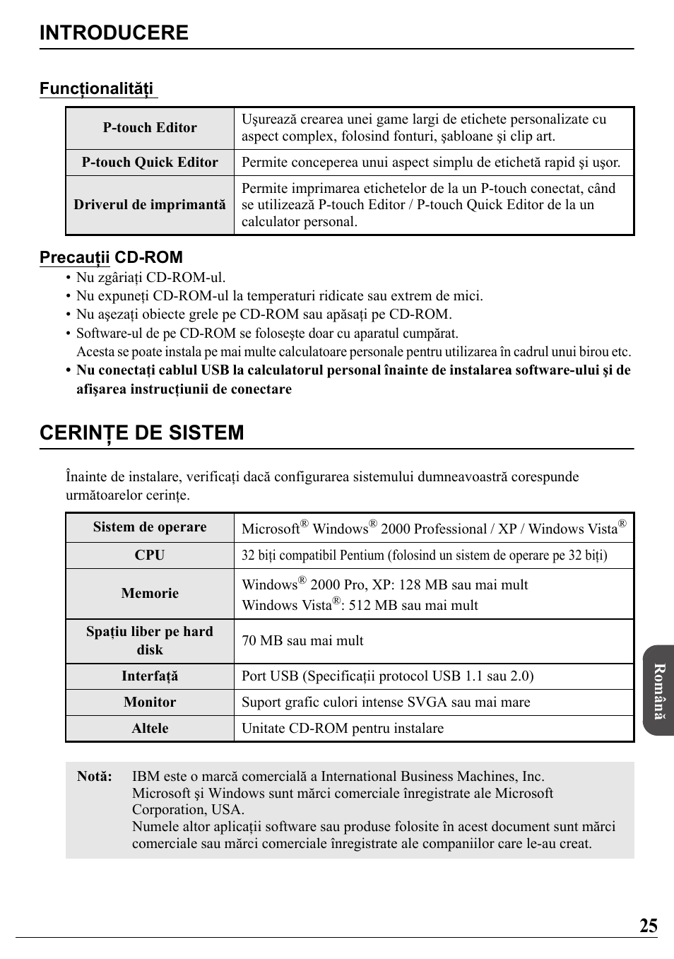 Română, Introducere, Cerinţe de sistem | Brother PT-2700 User Manual | Page 26 / 34