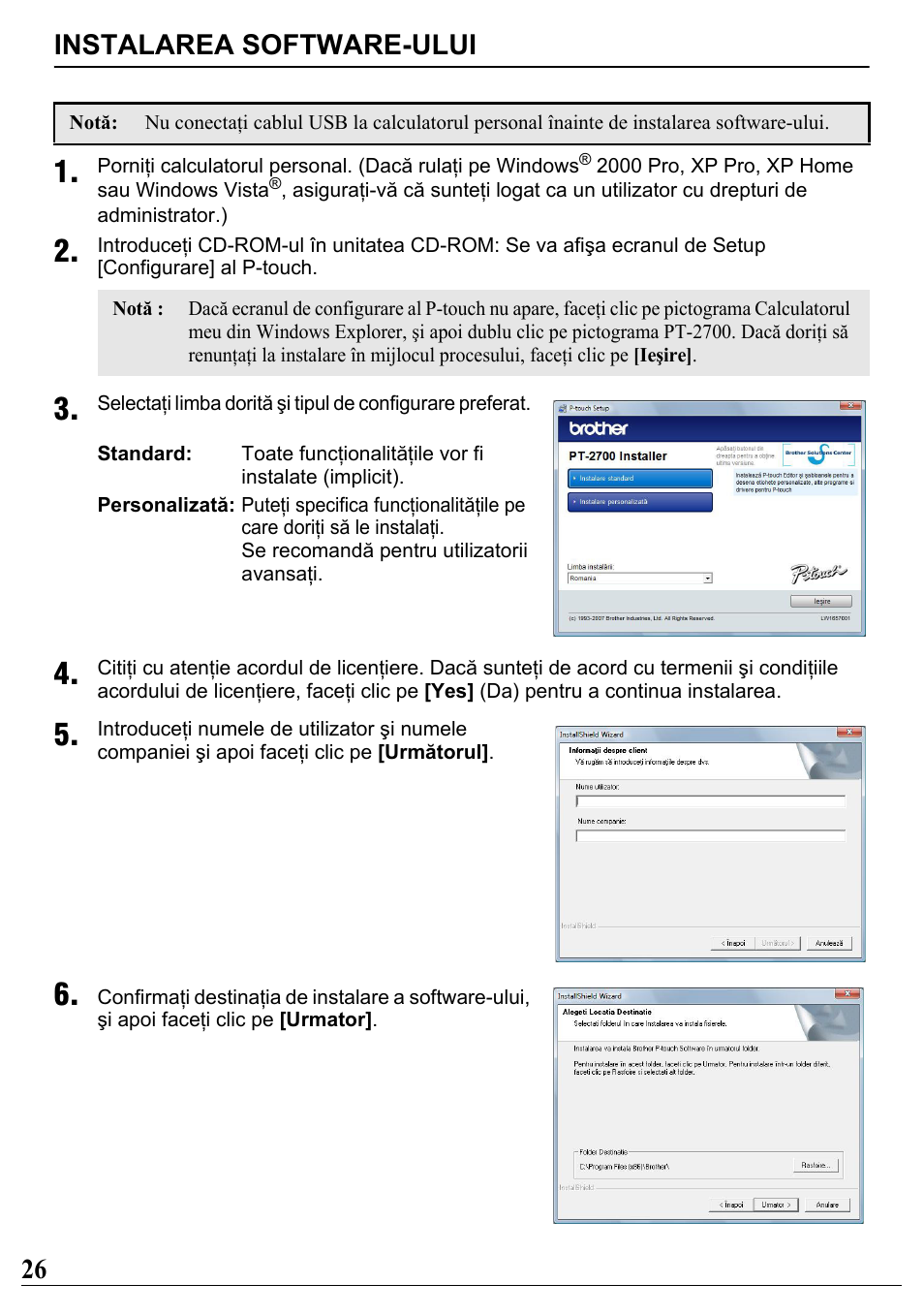 Instalarea software-ului, 26 instalarea software-ului | Brother PT-2700 User Manual | Page 27 / 34