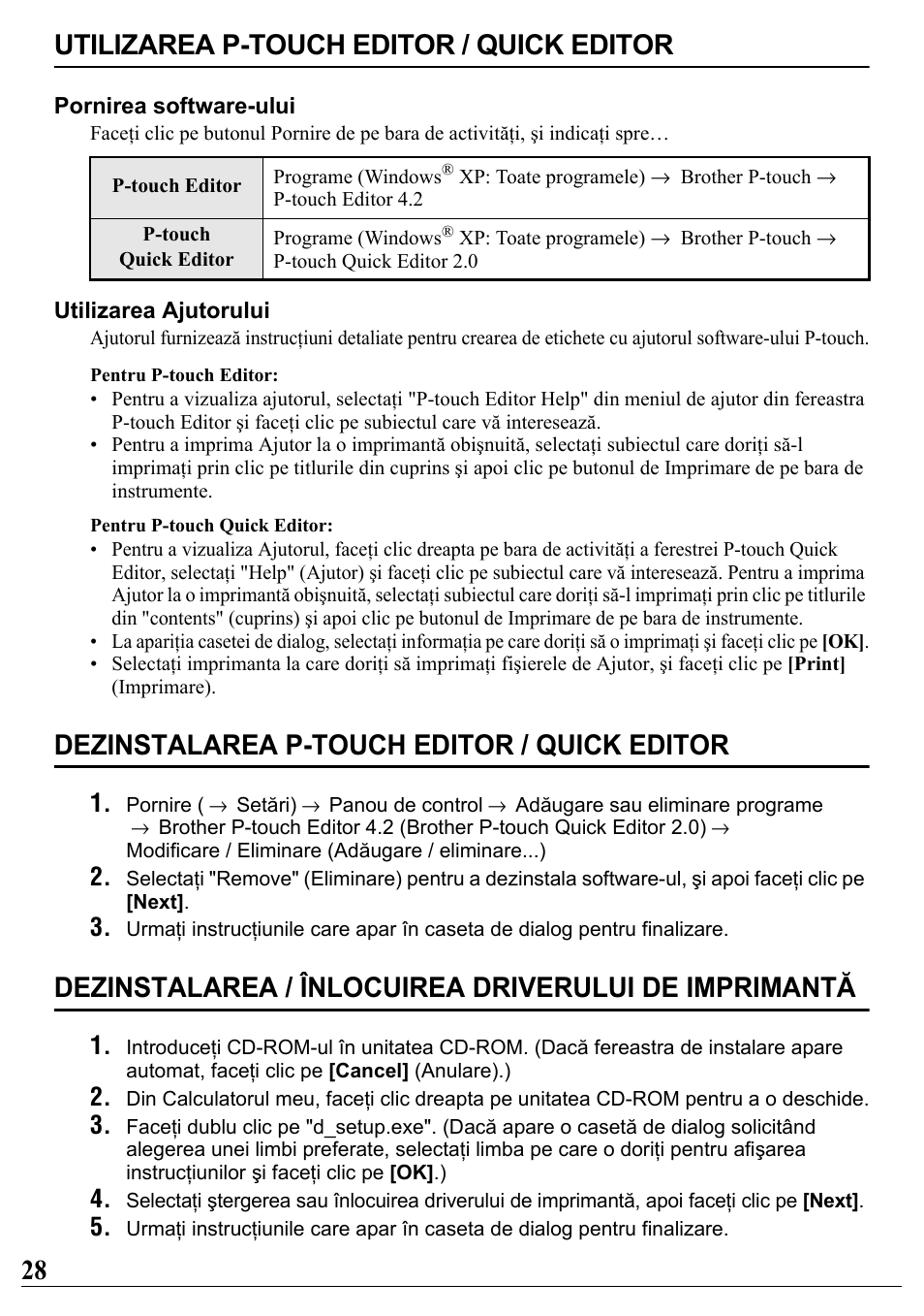 Utilizarea p-touch editor / quick editor, Dezinstalarea p-touch editor / quick editor, 28 utilizarea p-touch editor / quick editor | Brother PT-2700 User Manual | Page 29 / 34