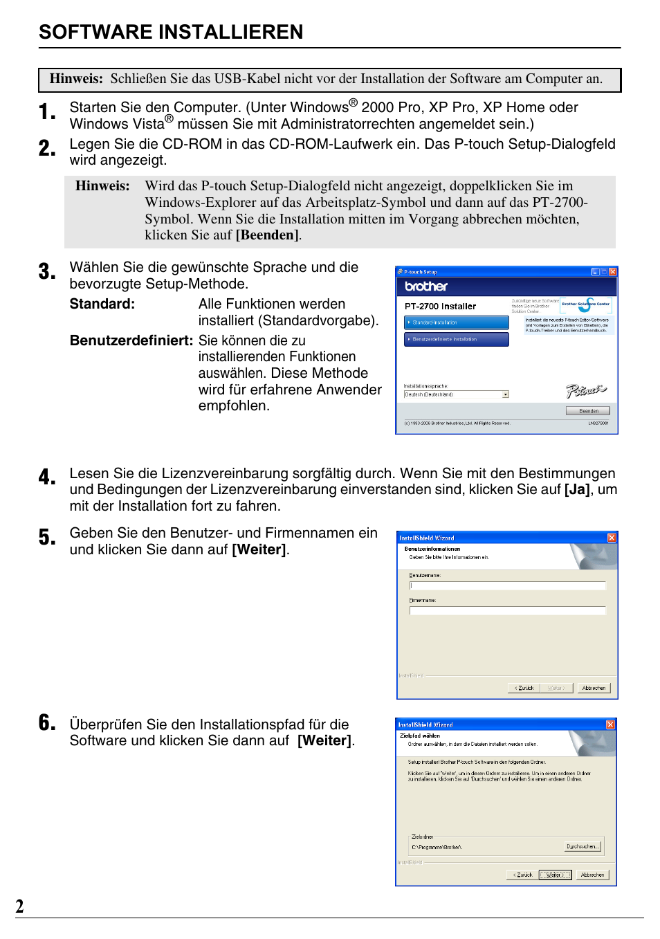 Software installieren, 2software installieren | Brother PT-2700 User Manual | Page 3 / 34