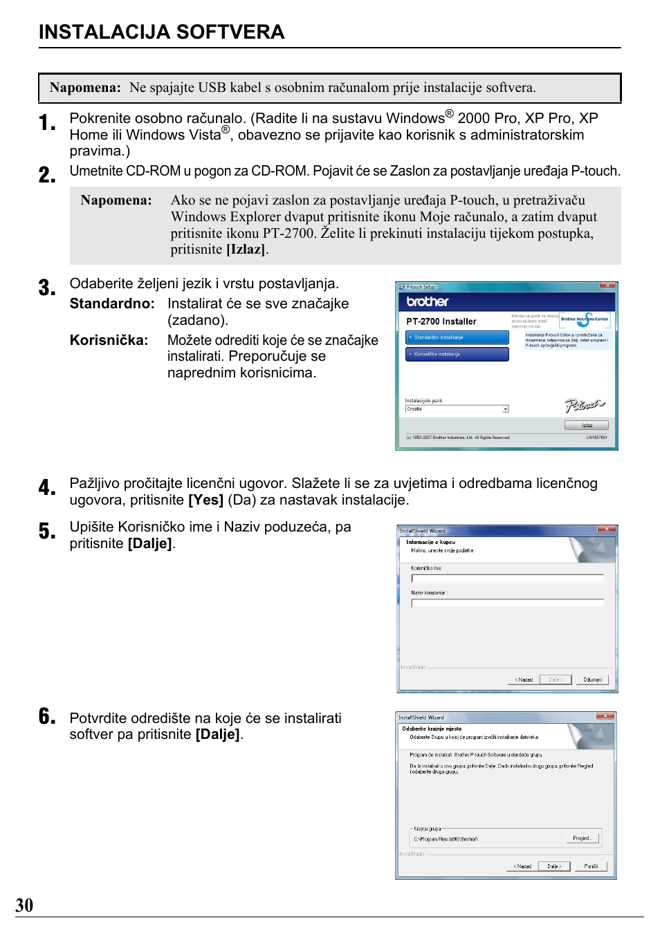 Instalacija softvera, 30 instalacija softvera | Brother PT-2700 User Manual | Page 31 / 34