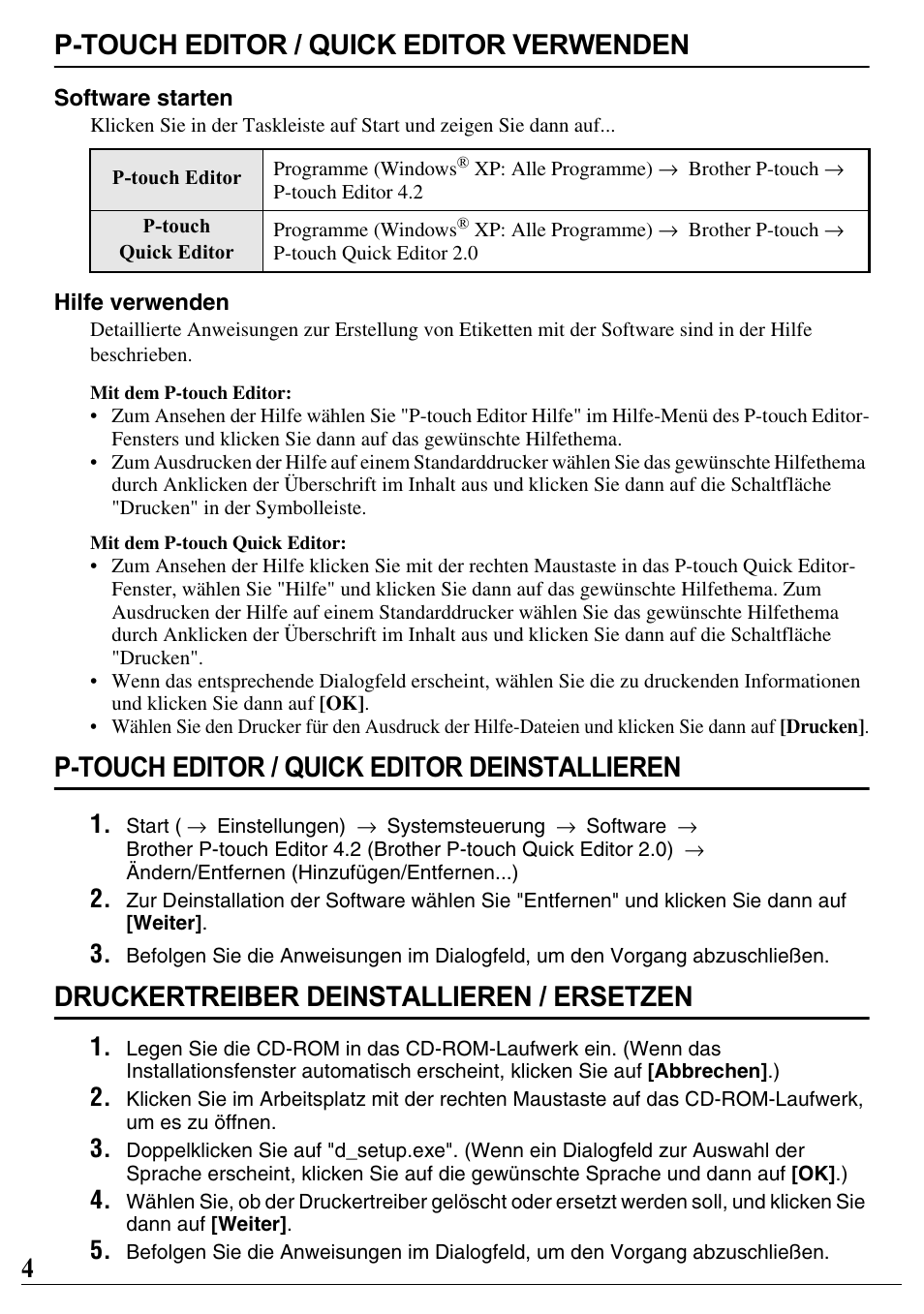 P-touch editor / quick editor verwenden, P-touch editor / quick editor deinstallieren, Druckertreiber deinstallieren / ersetzen | 4p-touch editor / quick editor verwenden | Brother PT-2700 User Manual | Page 5 / 34