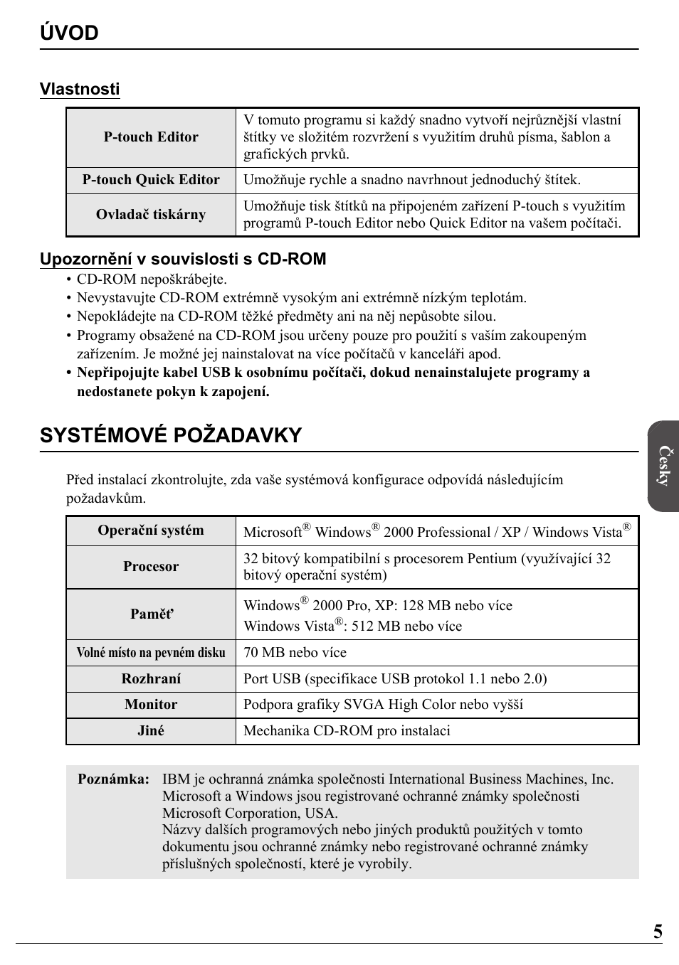 Česky, Úvod, Systémové požadavky | Brother PT-2700 User Manual | Page 6 / 34