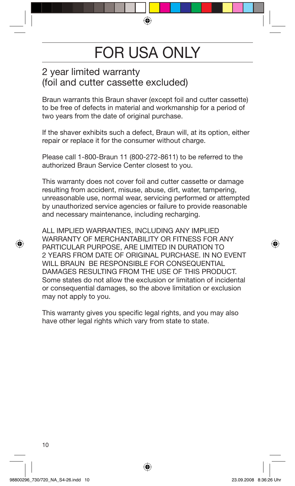 For usa only | Braun 720 Series 7 EN User Manual | Page 10 / 25