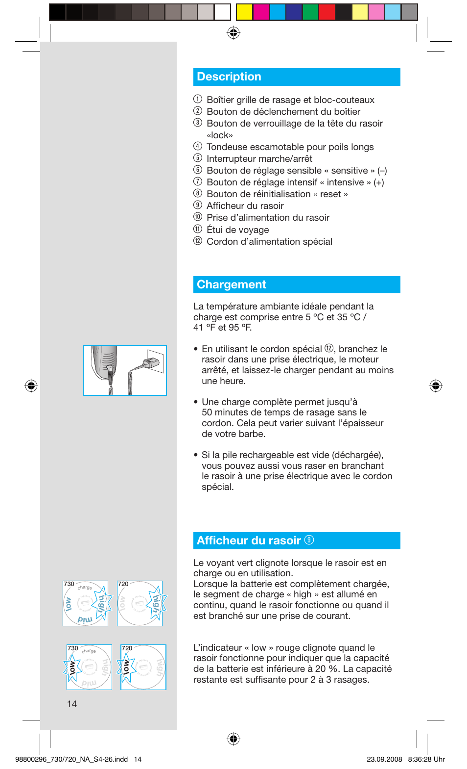 Description 1, Chargement, Affi cheur du rasoir | Braun 720 Series 7 EN User Manual | Page 14 / 25