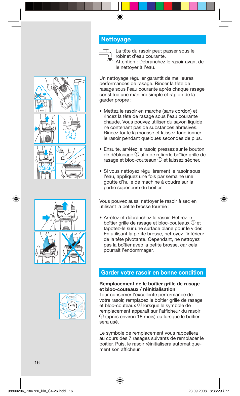 Nettoyage, Garder votre rasoir en bonne condition, Click | Braun 720 Series 7 EN User Manual | Page 16 / 25
