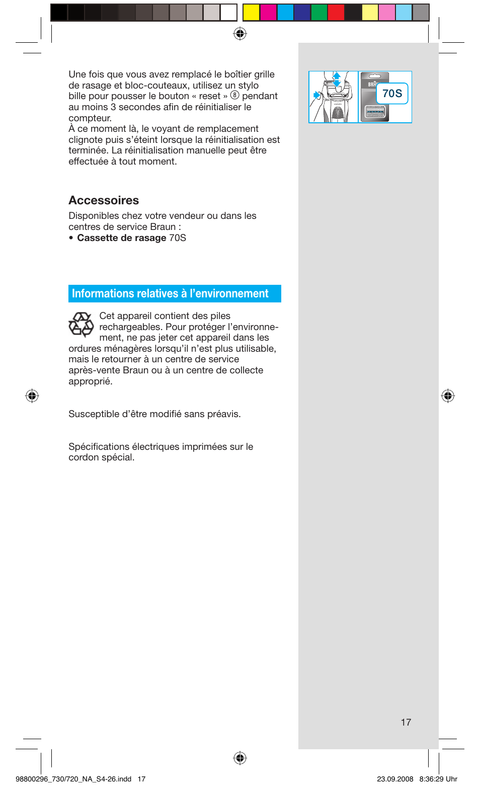 Accessoires, Informations relatives à l’environnement | Braun 720 Series 7 EN User Manual | Page 17 / 25