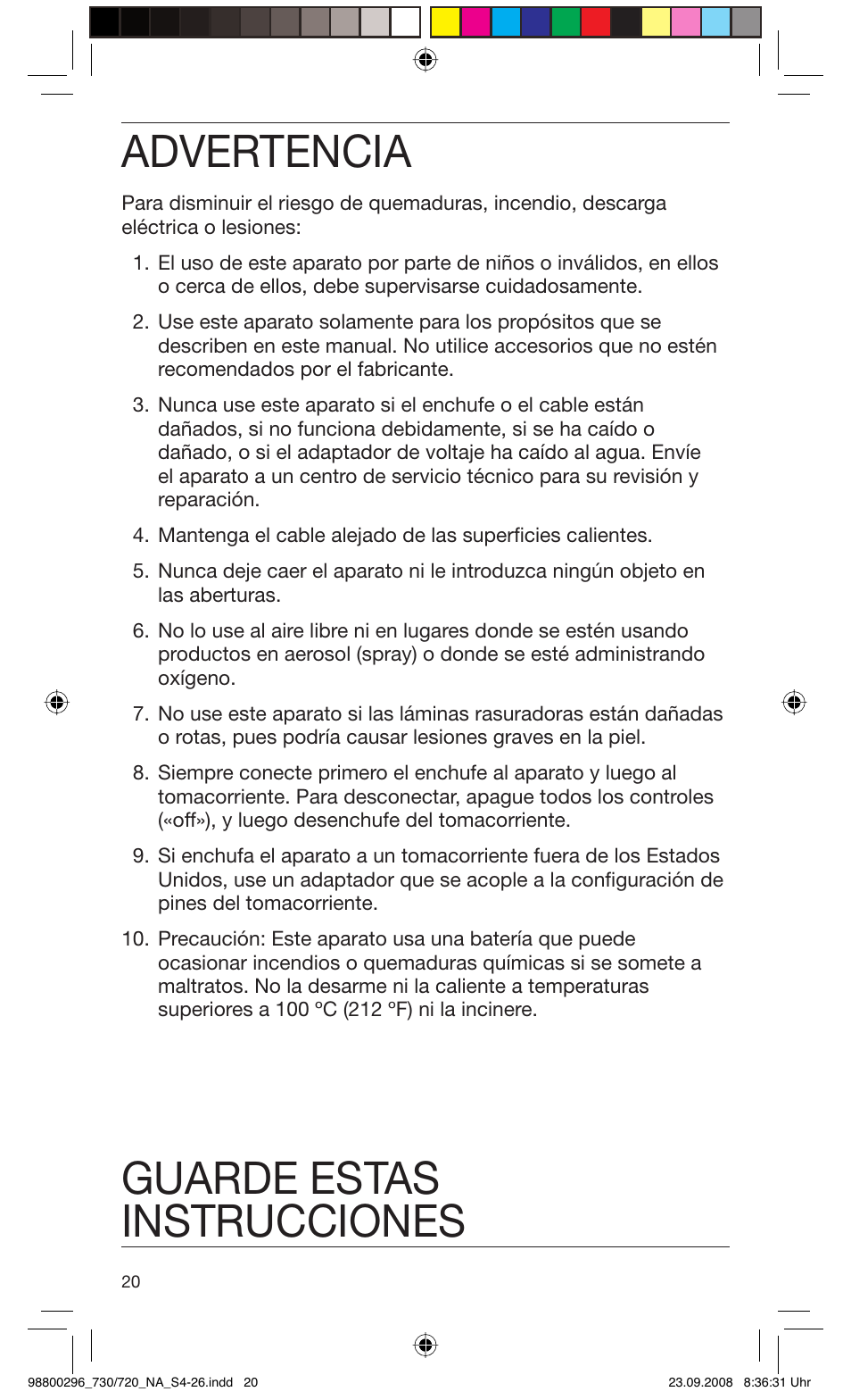 Advertencia, Guarde estas instrucciones | Braun 720 Series 7 EN User Manual | Page 20 / 25