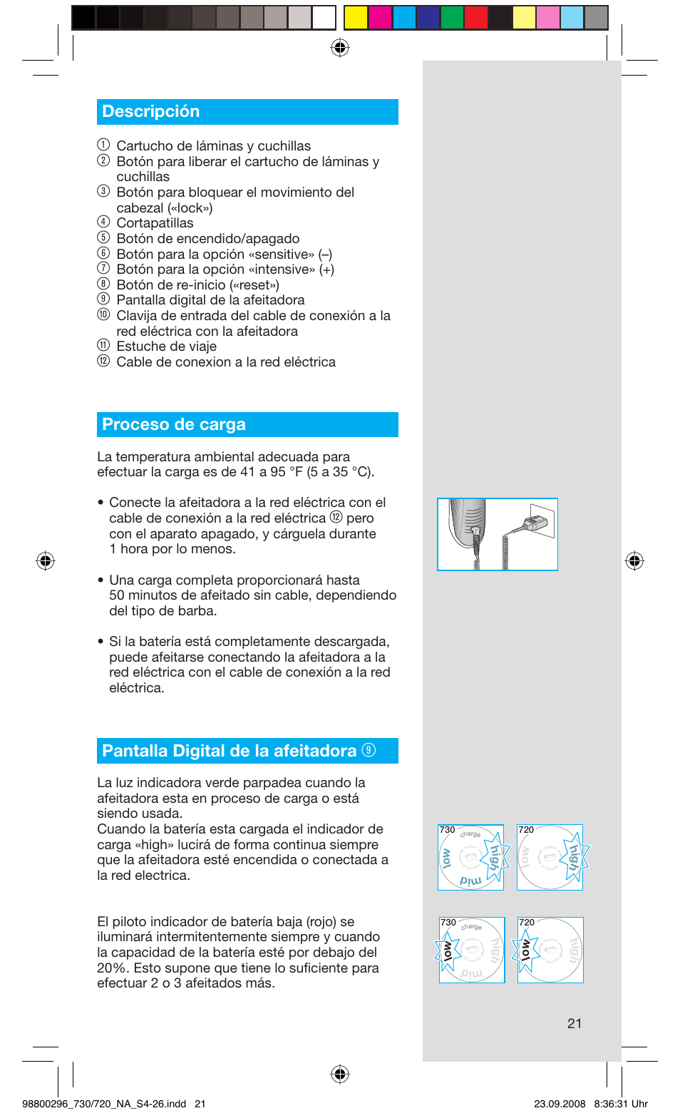 Descripción 1, Proceso de carga, Pantalla digital de la afeitadora | Braun 720 Series 7 EN User Manual | Page 21 / 25