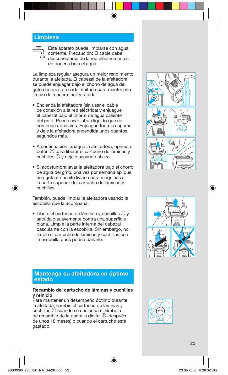 Limpieza, Mantenga su afeitadora en óptimo estado, Para liberar el cartucho de láminas y cuchillas | Click | Braun 720 Series 7 EN User Manual | Page 23 / 25