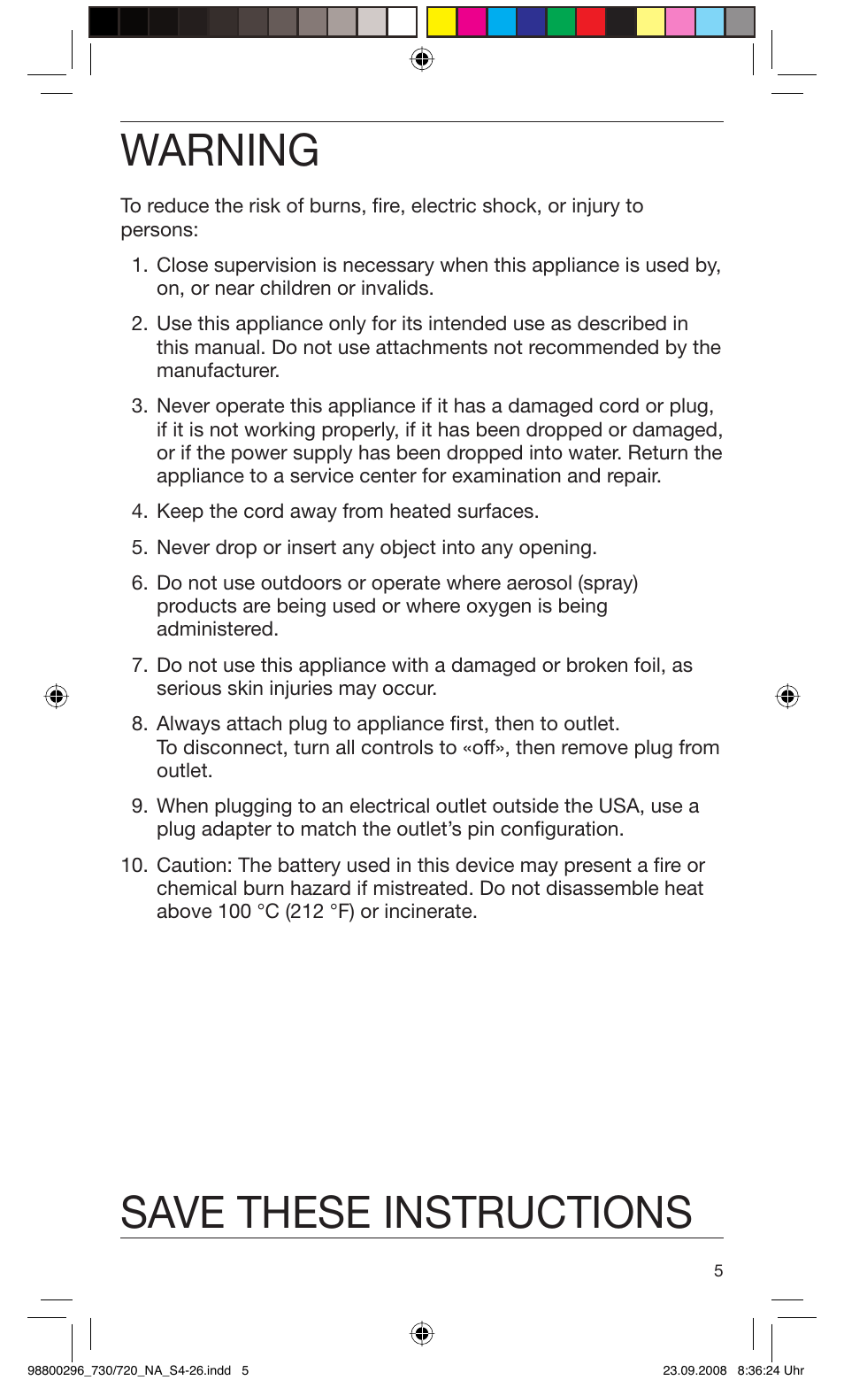 Warning, Save these instructions | Braun 720 Series 7 EN User Manual | Page 5 / 25
