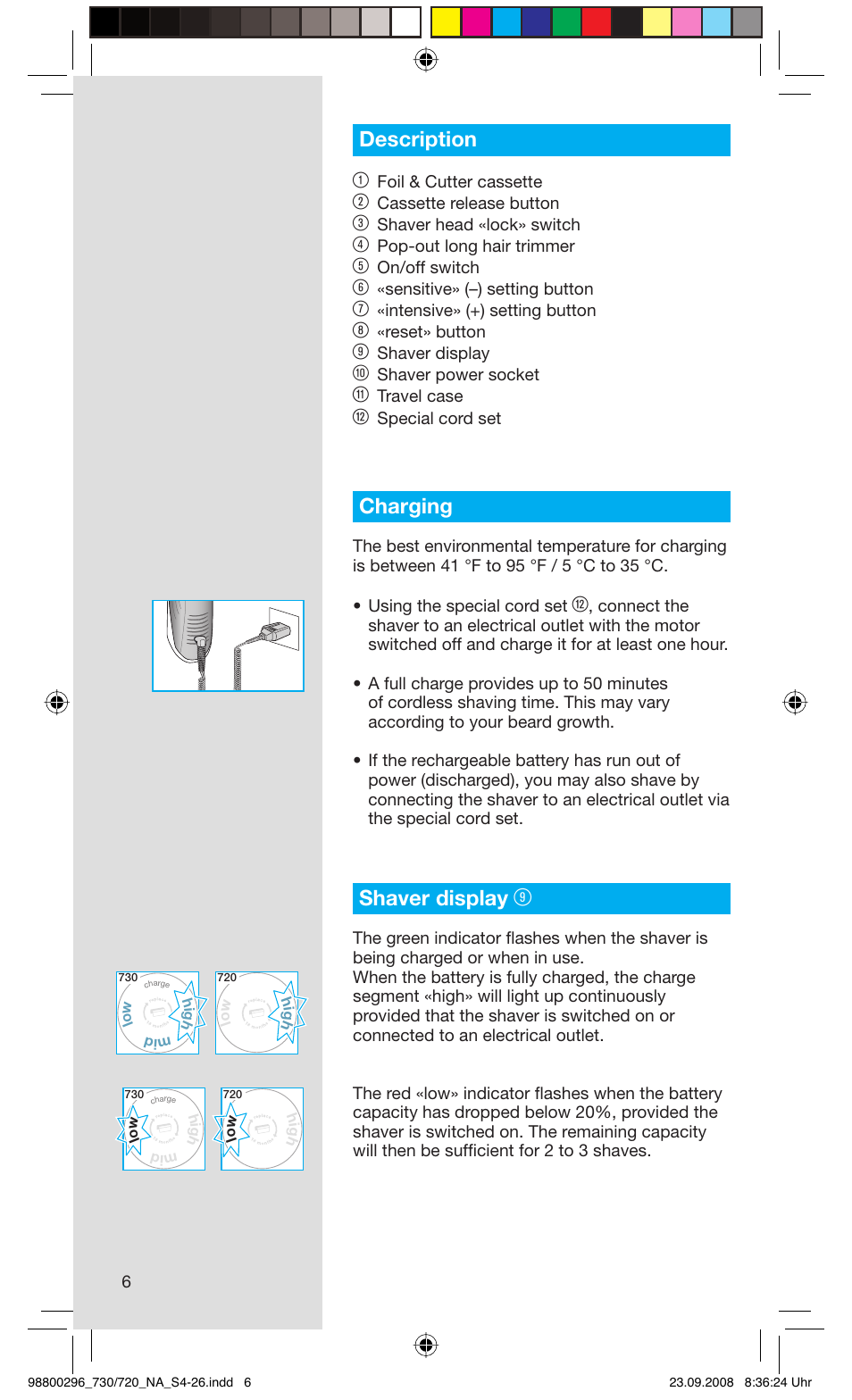 Description 1, Charging, Shaver display | Braun 720 Series 7 EN User Manual | Page 6 / 25