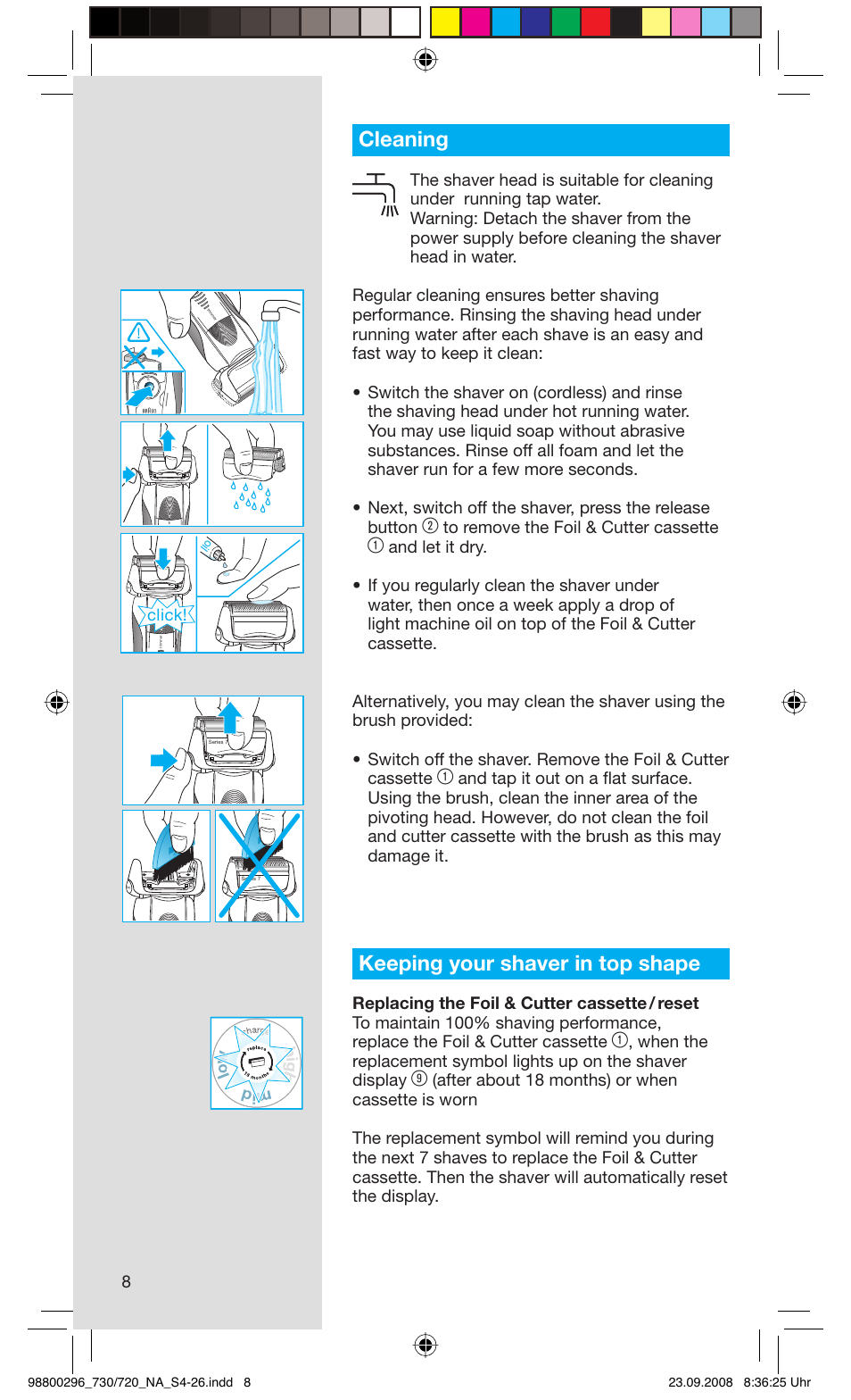 Cleaning, Keeping your shaver in top shape, Click | Braun 720 Series 7 EN User Manual | Page 8 / 25