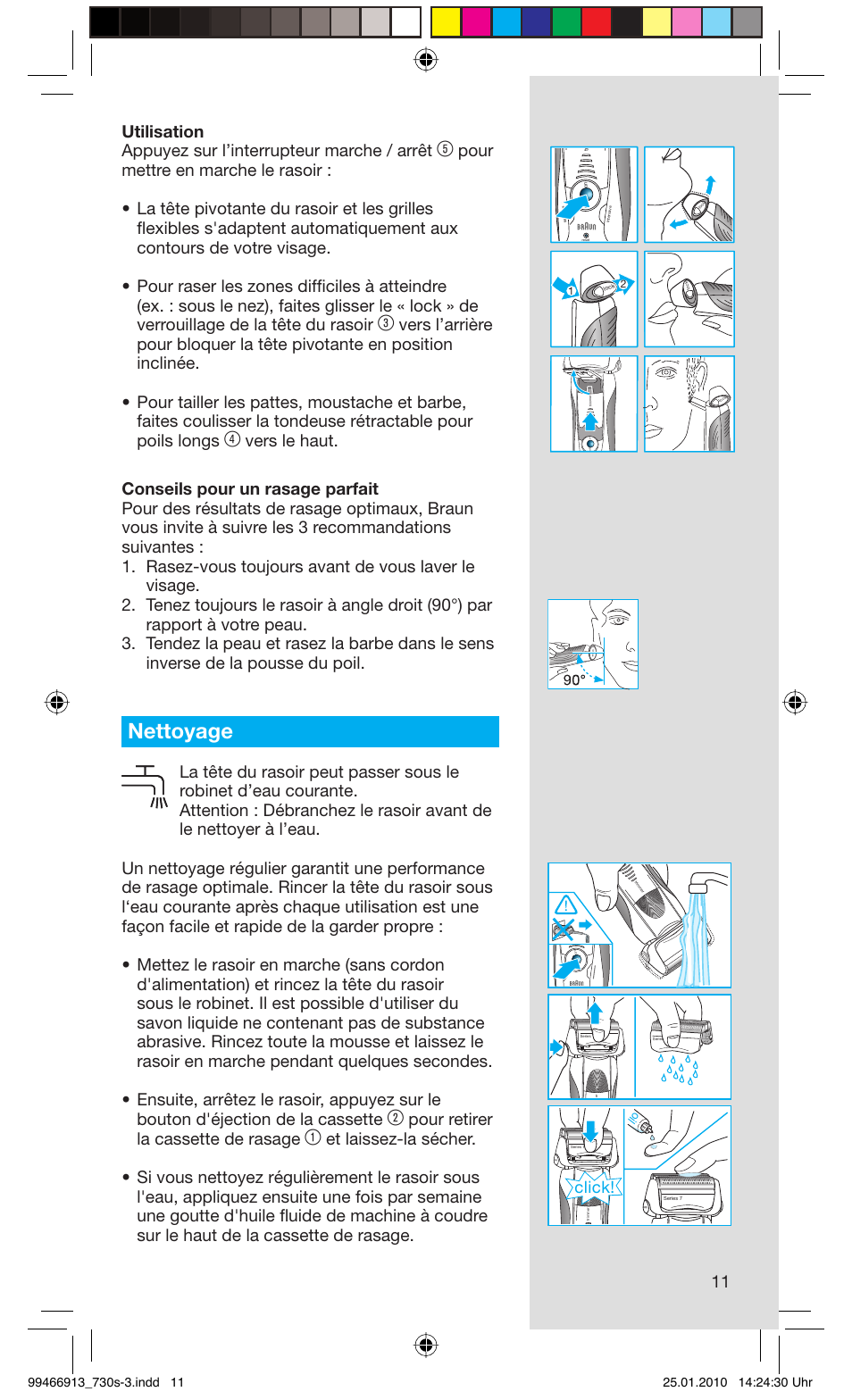 Nettoyage, Pour retirer la cassette de rasage, Click | Braun 730s-3 Series 7 User Manual | Page 11 / 63