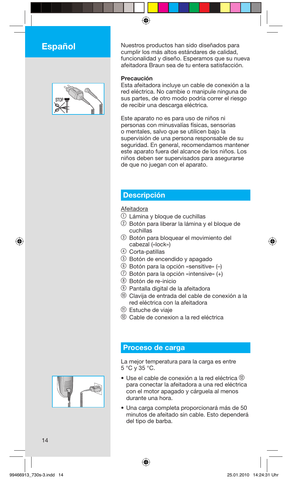 Español, Descripción, Proceso de carga | Braun 730s-3 Series 7 User Manual | Page 14 / 63