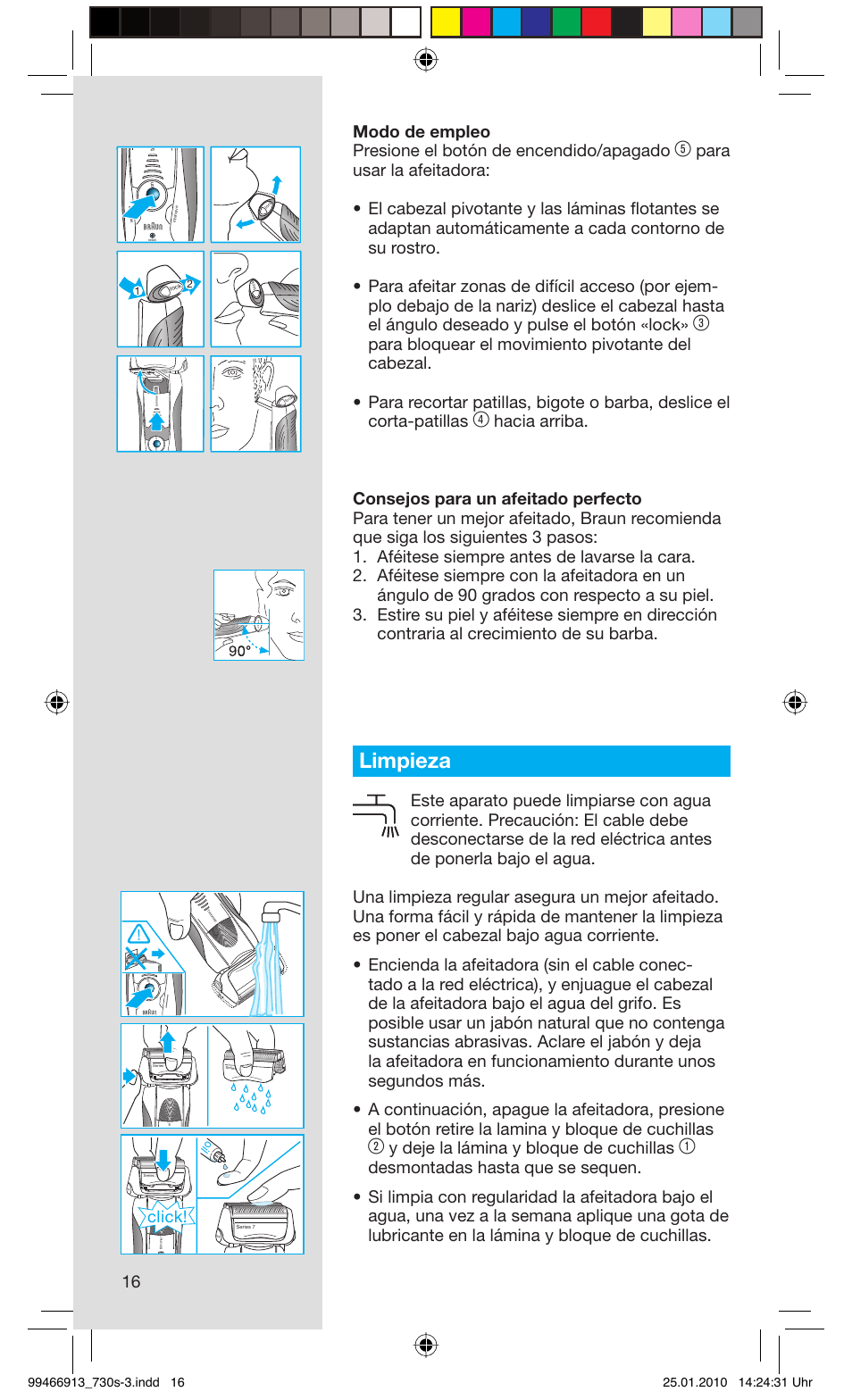 Limpieza, Y deje la lámina y bloque de cuchillas, Click | Braun 730s-3 Series 7 User Manual | Page 16 / 63
