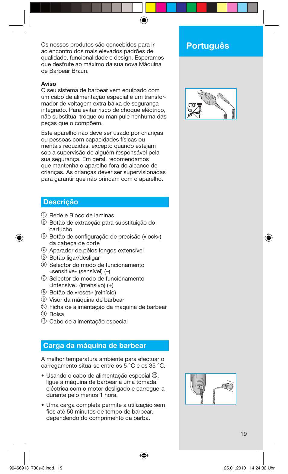 Português, Descrição 1, Carga da máquina de barbear | Braun 730s-3 Series 7 User Manual | Page 19 / 63