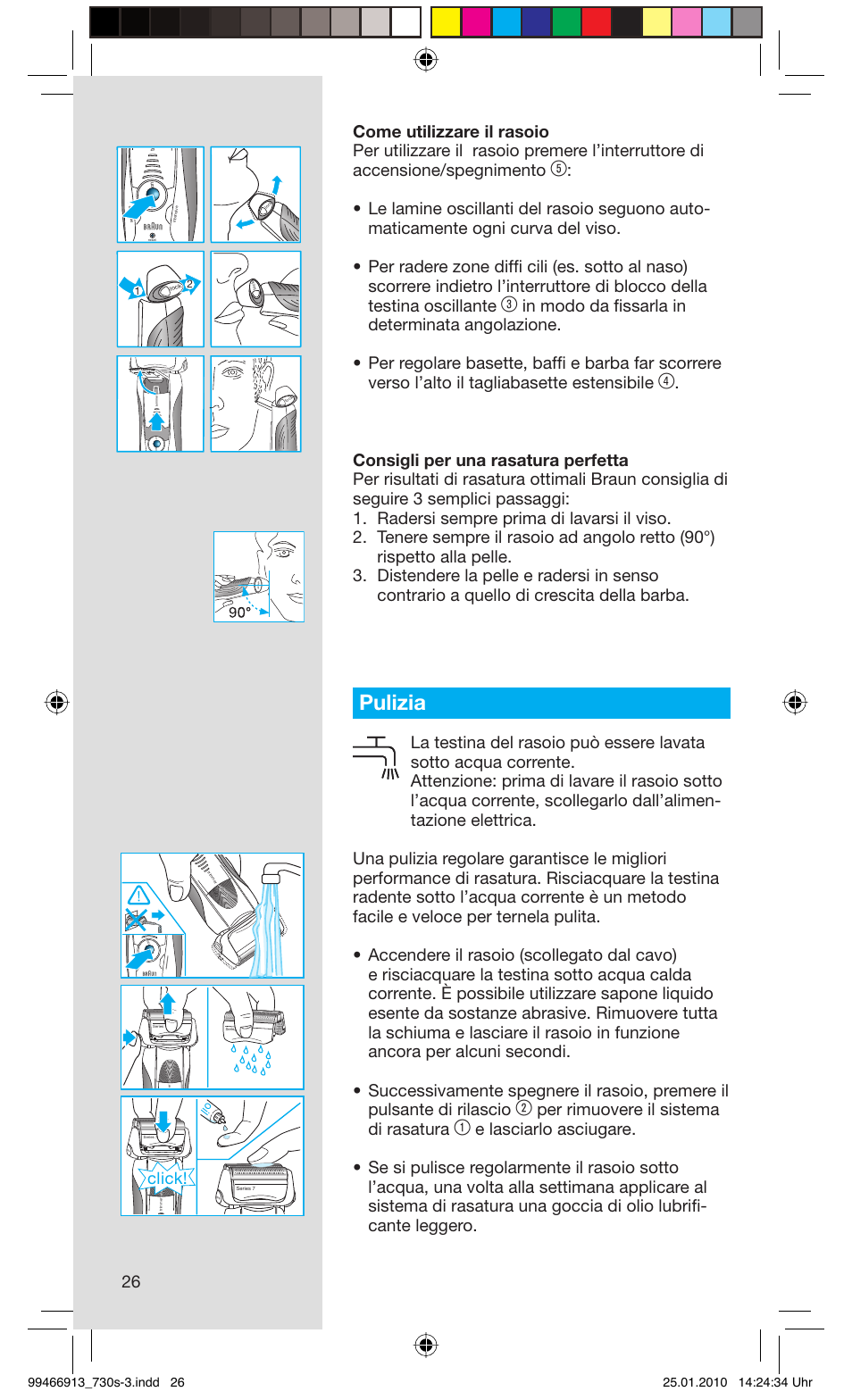 Pulizia, Per rimuovere il sistema di rasatura, Click | Braun 730s-3 Series 7 User Manual | Page 26 / 63