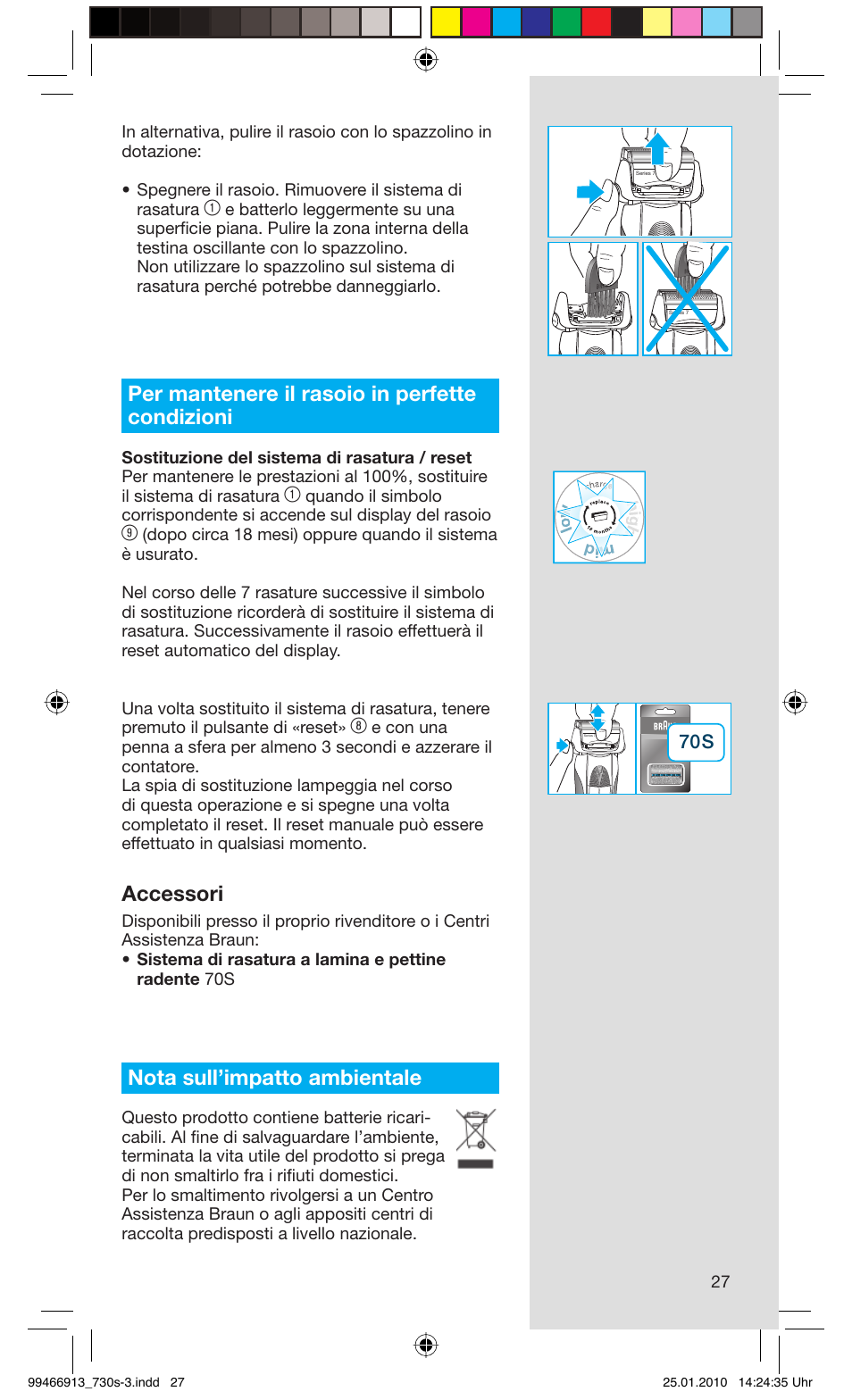 Per mantenere il rasoio in perfette condizioni, Accessori, Nota sull’impatto ambientale | Braun 730s-3 Series 7 User Manual | Page 27 / 63
