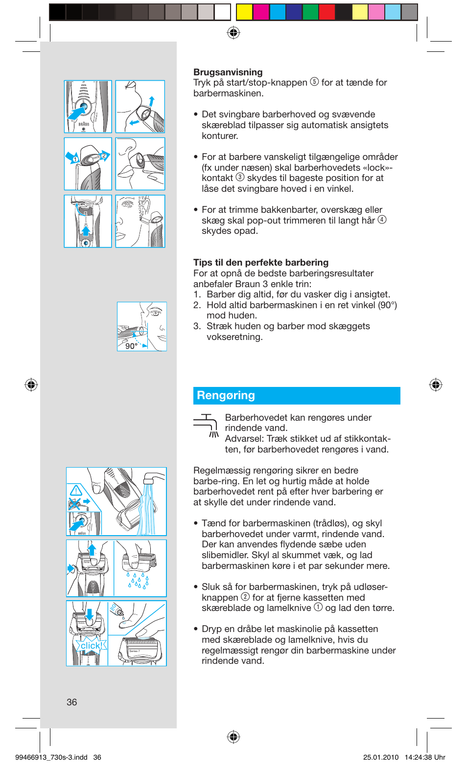 Rengøring, 36 brugsanvisning tryk på start/stop-knappen, Click | Braun 730s-3 Series 7 User Manual | Page 36 / 63