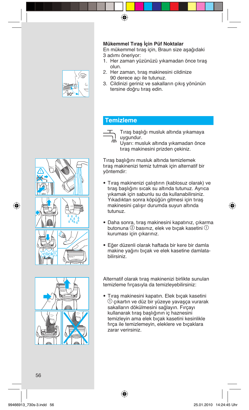 Temizleme, Basınız, elek ve bıçak kasetini, Click | Braun 730s-3 Series 7 User Manual | Page 56 / 63