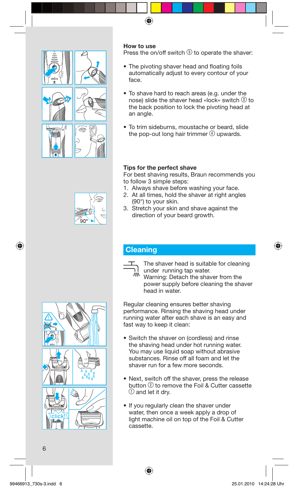Cleaning, 6how to use press the on/off switch, Click | Braun 730s-3 Series 7 User Manual | Page 6 / 63