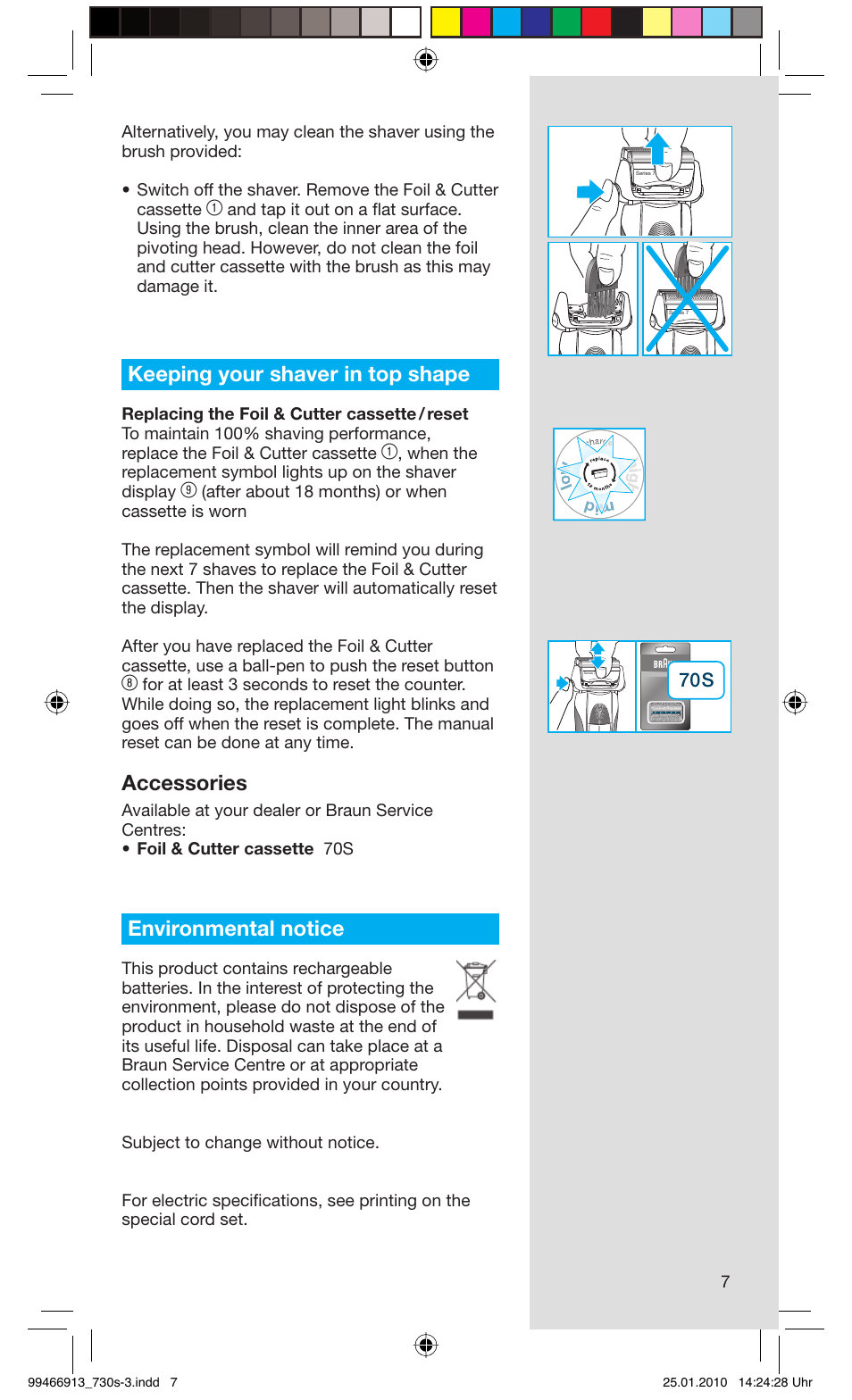 Keeping your shaver in top shape, Accessories, Environmental notice | Braun 730s-3 Series 7 User Manual | Page 7 / 63