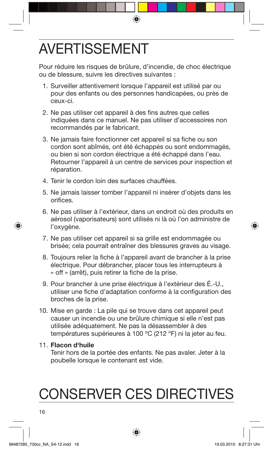Avertissement, Conserver ces directives | Braun 730s-4 Series 7 User Manual | Page 16 / 34