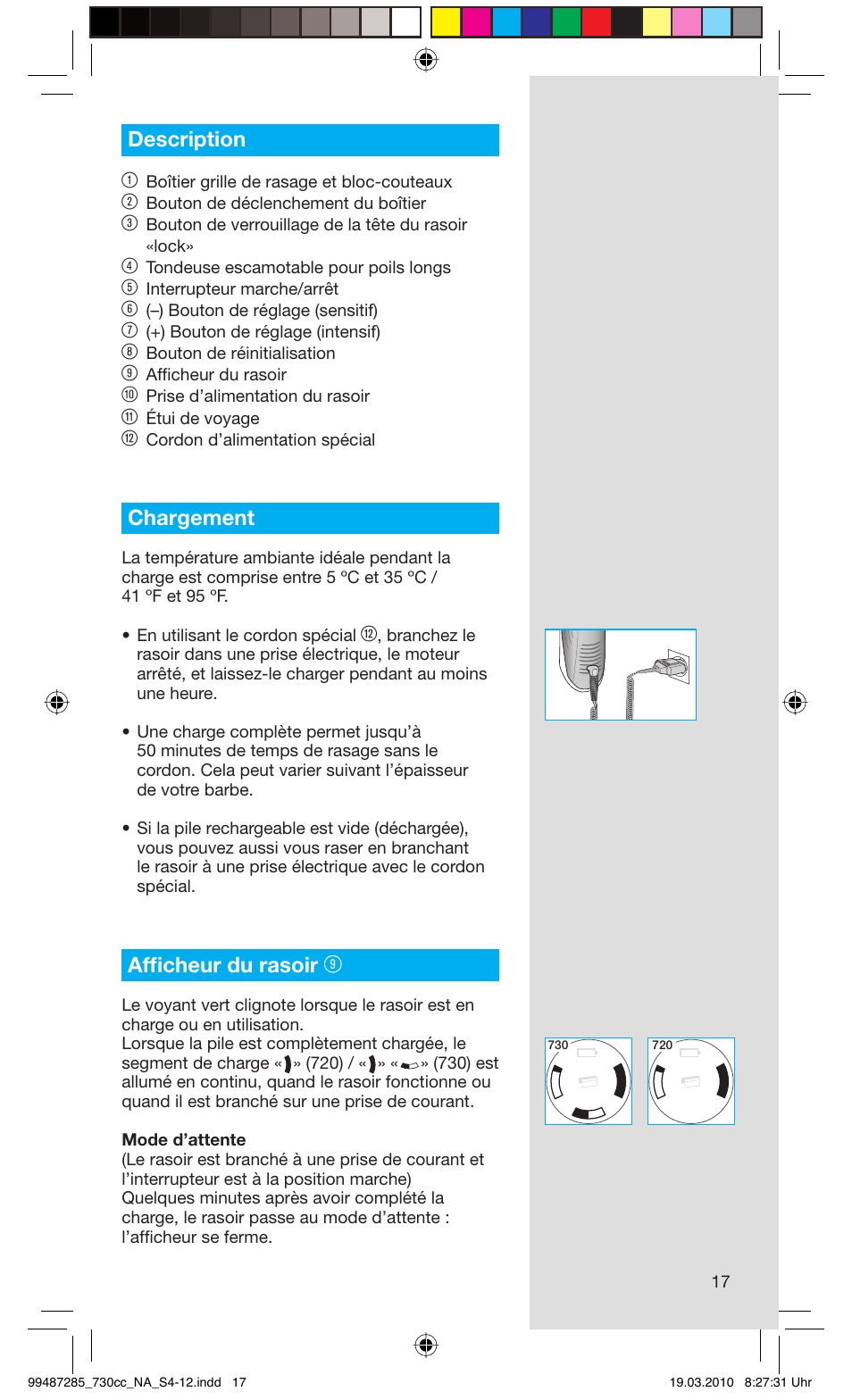 Description 1, Chargement, Affi cheur du rasoir | Braun 730s-4 Series 7 User Manual | Page 17 / 34