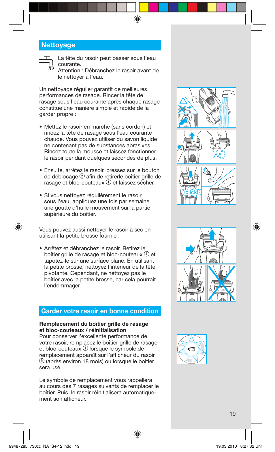 Nettoyage, Garder votre rasoir en bonne condition, Click | Braun 730s-4 Series 7 User Manual | Page 19 / 34
