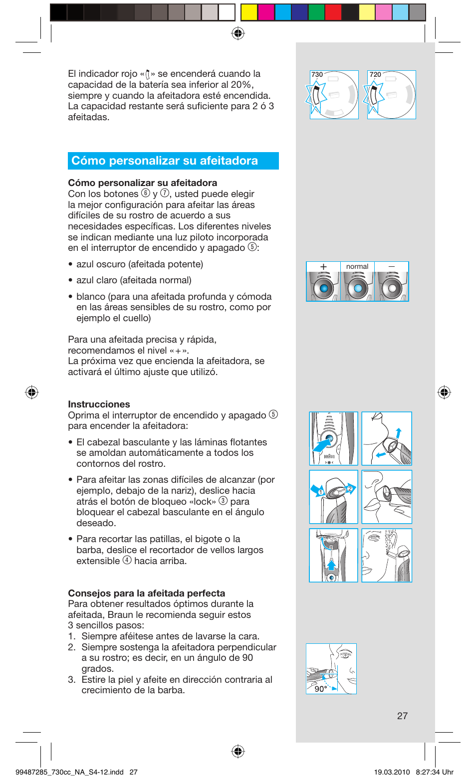 Cómo personalizar su afeitadora, Cómo personalizar su afeitadora con los botones | Braun 730s-4 Series 7 User Manual | Page 27 / 34