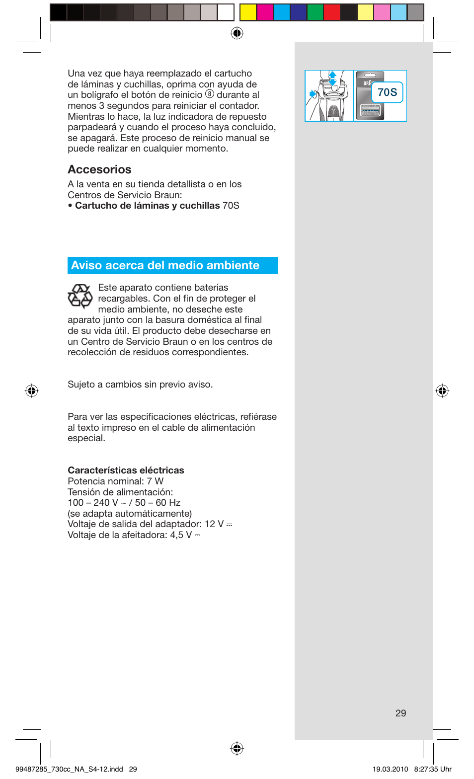 Accesorios, Aviso acerca del medio ambiente | Braun 730s-4 Series 7 User Manual | Page 29 / 34
