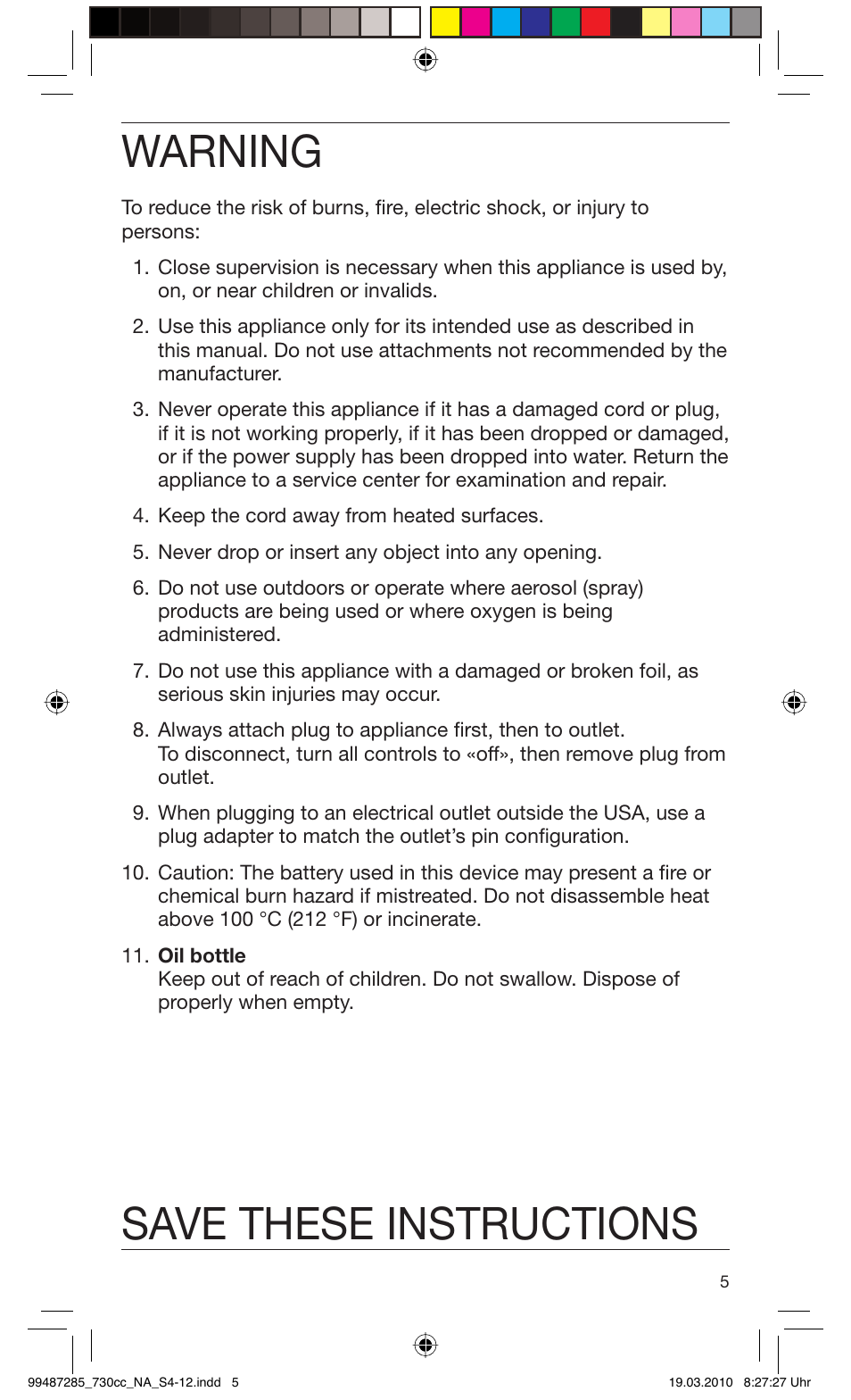 Warning, Save these instructions | Braun 730s-4 Series 7 User Manual | Page 5 / 34