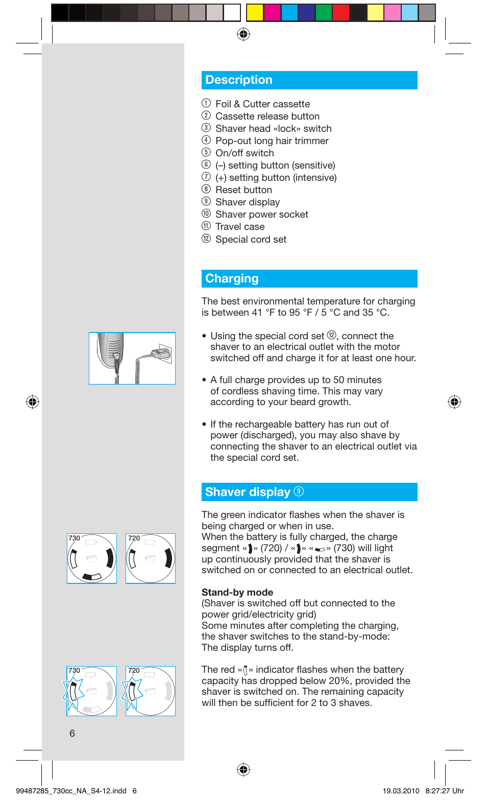 Description 1, Charging, Shaver display | Braun 730s-4 Series 7 User Manual | Page 6 / 34