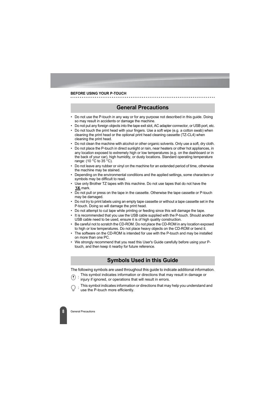 General precautions, Symbols used in this guide, General precautions symbols used in this guide | Brother PT-2100 User Manual | Page 10 / 79