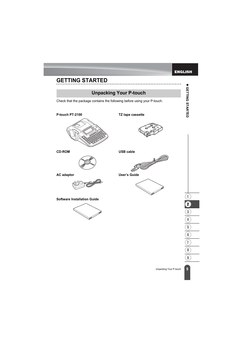 Getting started, Unpacking your p-touch | Brother PT-2100 User Manual | Page 11 / 79