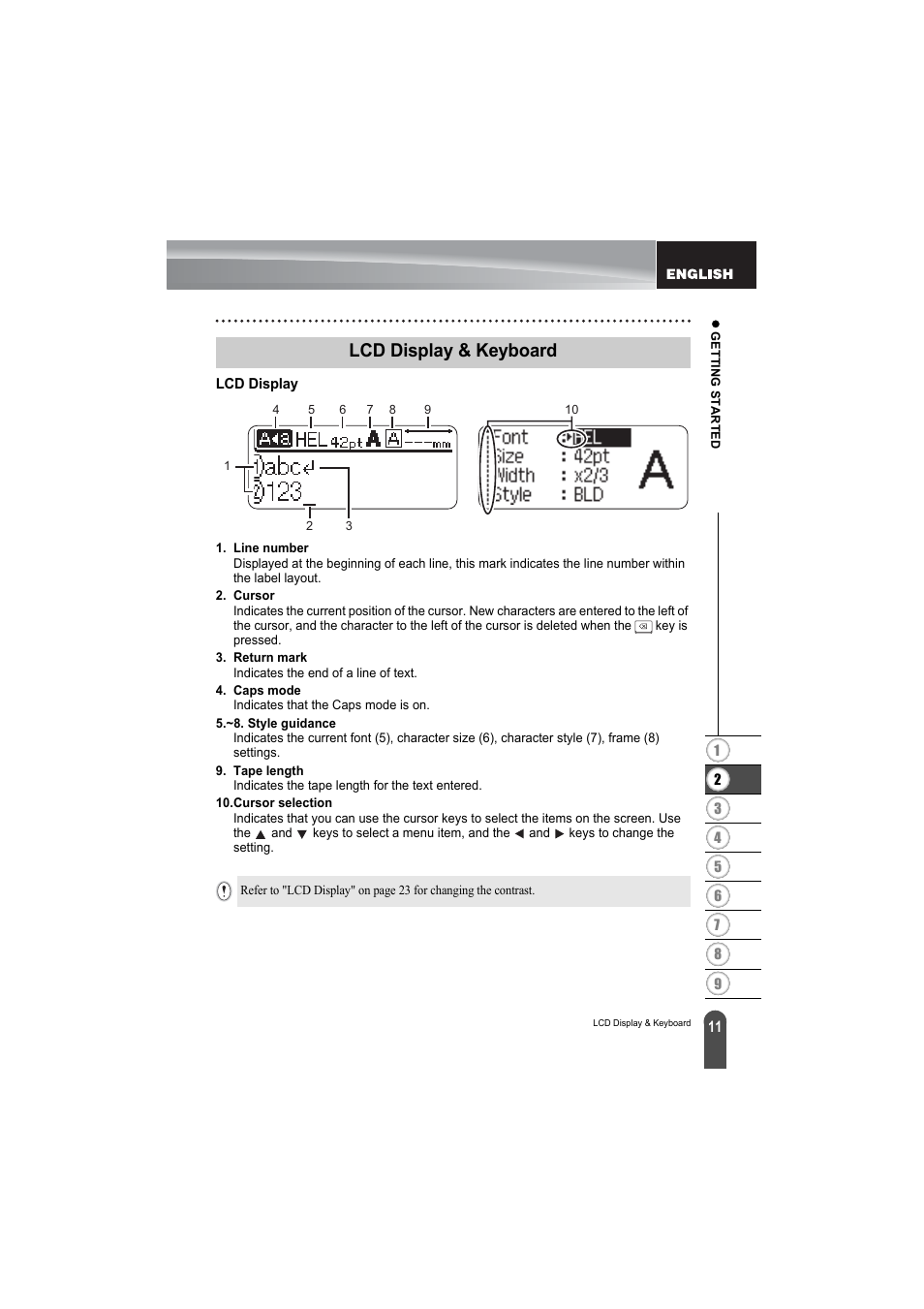 Lcd display & keyboard, Lcd display | Brother PT-2100 User Manual | Page 13 / 79