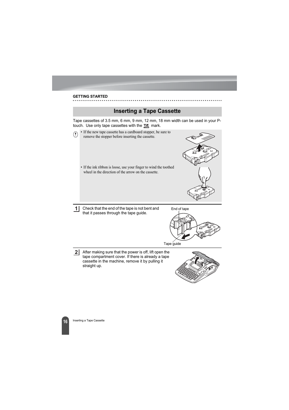 Inserting a tape cassette | Brother PT-2100 User Manual | Page 18 / 79