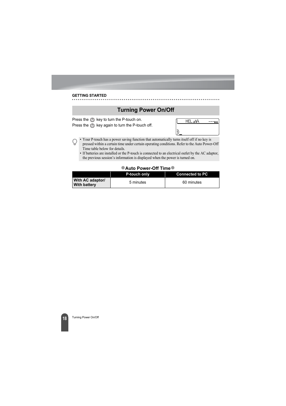 Turning power on/off, Zturning power on/off | Brother PT-2100 User Manual | Page 20 / 79