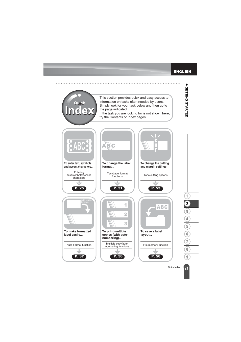 Quick index, Index | Brother PT-2100 User Manual | Page 23 / 79